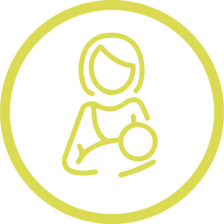 Woman breastfeeding a baby graphic icon in yellow.